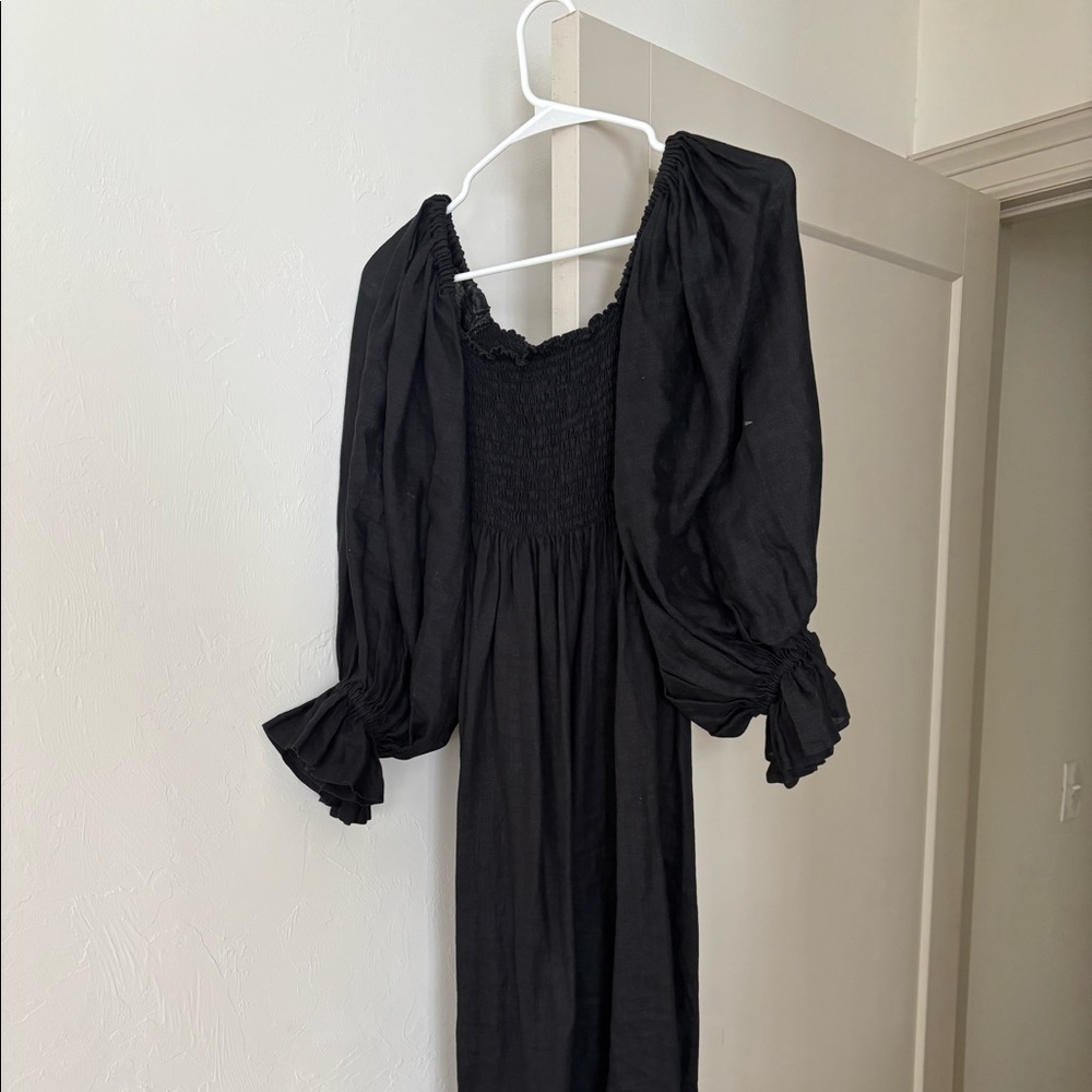 Sleeper 100% linen Atlanta smocked with puff sleeves midi dress, small.